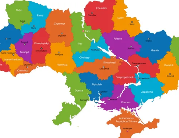 Карта України по областях регіони, міста та адміністративний поділ